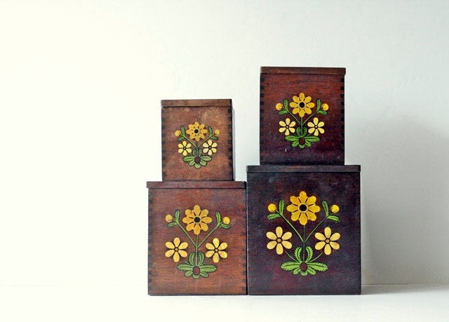 Vintage Wood Canister Nesting Boxes - Yellow Floral Design, Mustard, Light Yellow and Avocado Green Home decor , Unique Storage Organizers