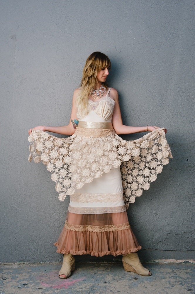 Cream gold tan & cocoa crochet embroidered boho party dress by mermaid miss k
