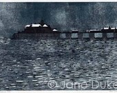 Seaside Pier woodcut print blue and black handpulled print