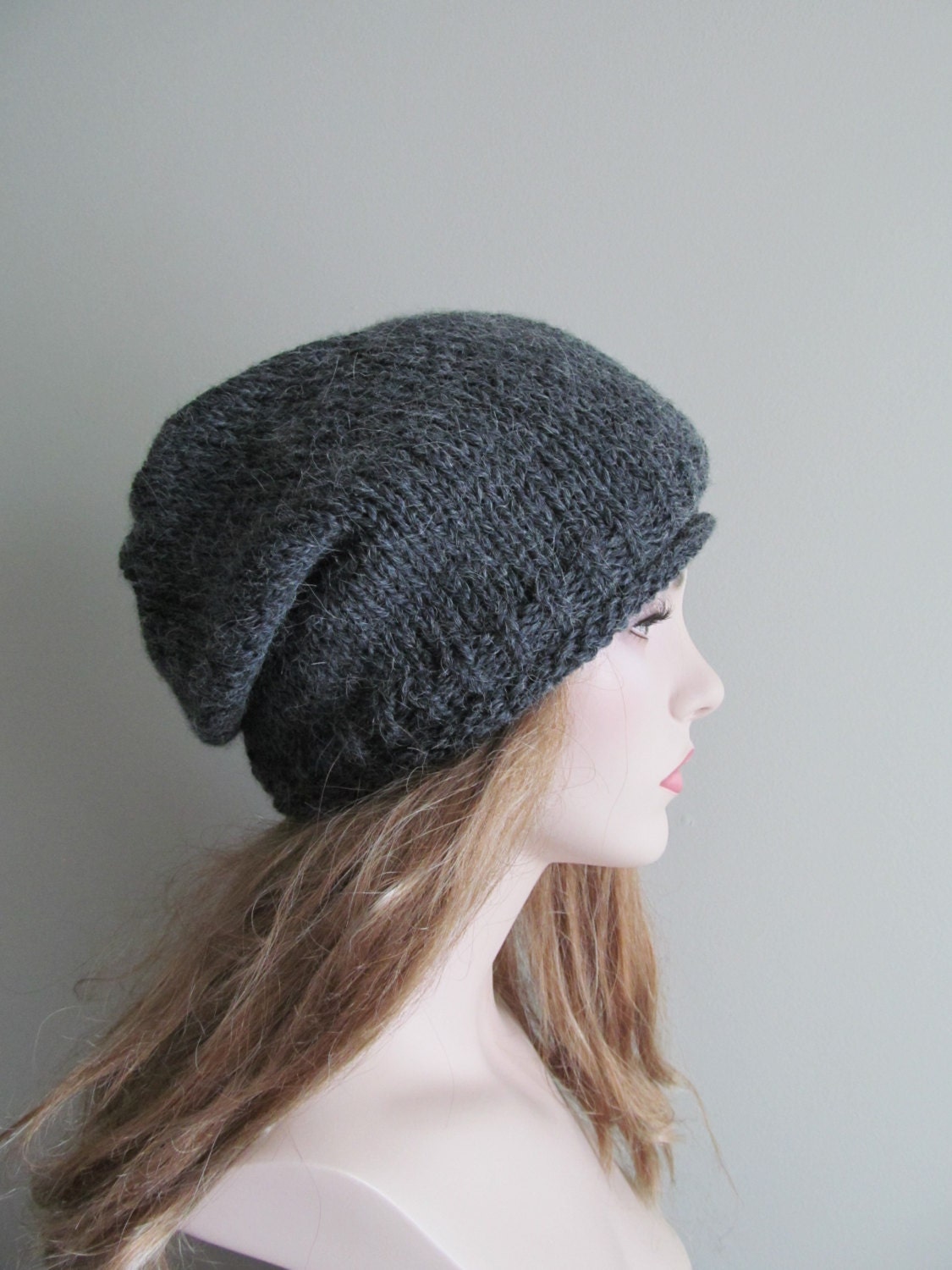Alpaca Slouchy Beanie Slouch Hats Oversized Baggy Heather Black Hand Made Knit Men Women