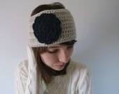 Crochet Earwarmer, Crochet Headband, Flower Motif Earwarmer, Crochet Flower Headband in Pale Grey and Navy / The Marlowe Earwarmer