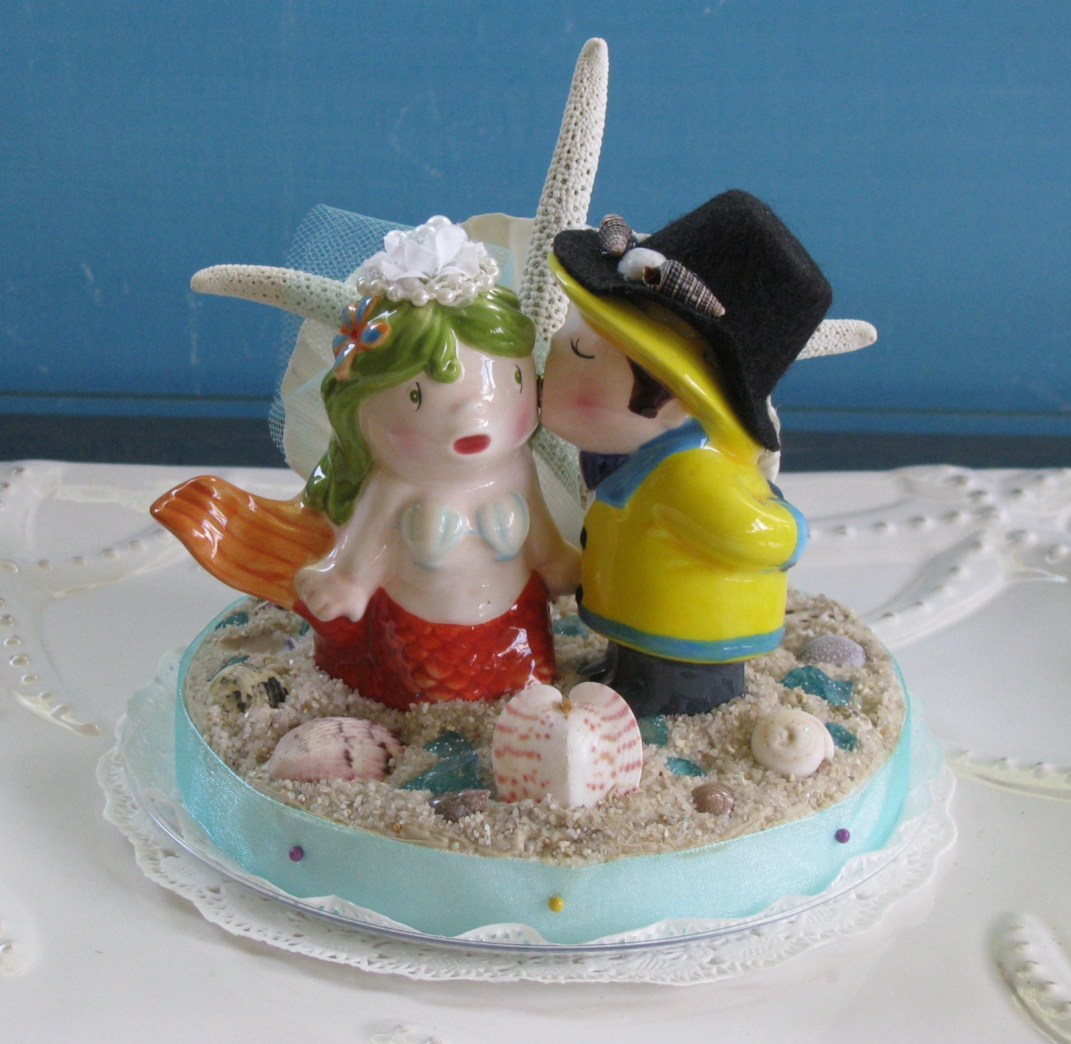 Mermaid and Fisherman Beach Wedding Cake Topper