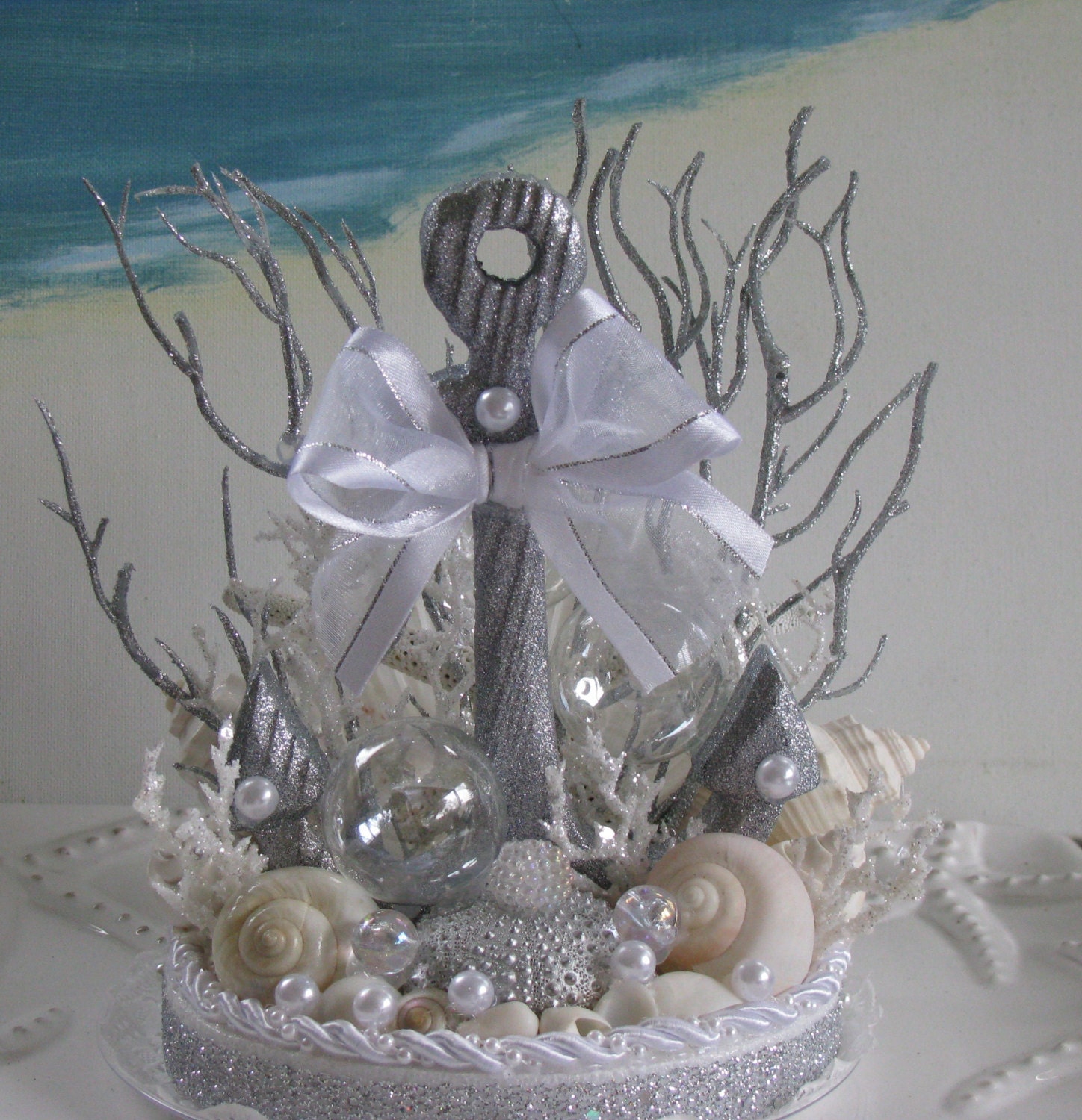 Anchor Wedding Cake Topper-Seashell Coral Wedding Cake Topper- Nautical Beach Wedding