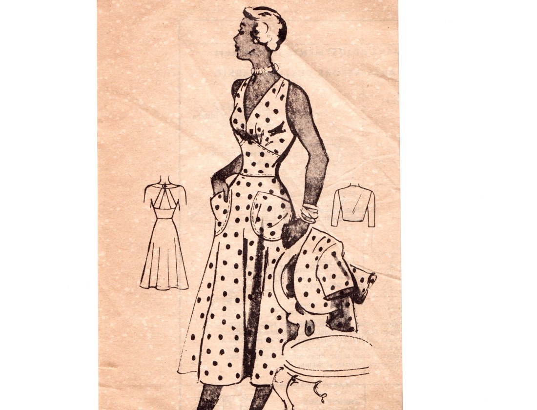 Vintage 1950s Sewing Pattern - Sexy Open Back Halter Dress w/ Wide Midriff, Bolero Jacket - Anne Adams Mail Order T 4596, Bust 34, Unused