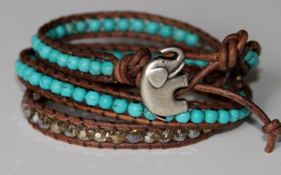 Leather Wrap Bracelet, Turquoise, My Lucky Charm, Lucky Elephant, 3x wrap bracelet, crystal bracelet, turquoise bracelet, beaded bracelet