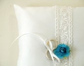 Something Blue Wedding Ring Pillow White Lace and Satin with a Vintage Paper Rose in Gorgeous Turquoise / Robins Egg Bue Unique Bearer