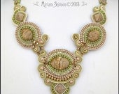 Soutache Picture Jasper beaded necklace in Olive, Cream and Gold