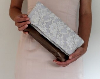 Lace and leather fold over clutch, lace clutch