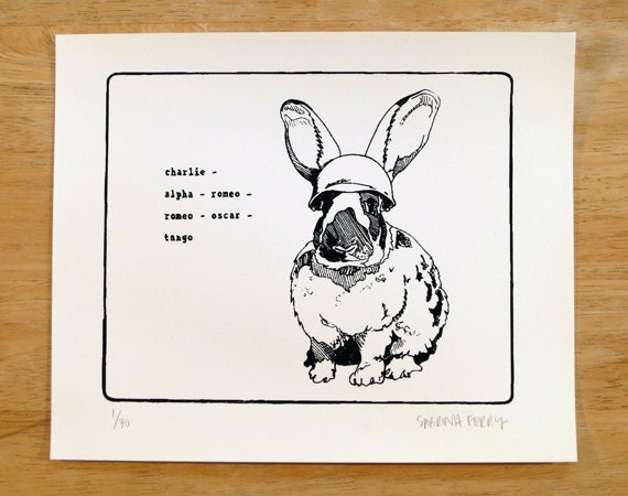 CARROT, Limited edition hand-pulled screen print of rabbit sending military alphabet message, black and white graphic, art for all ages
