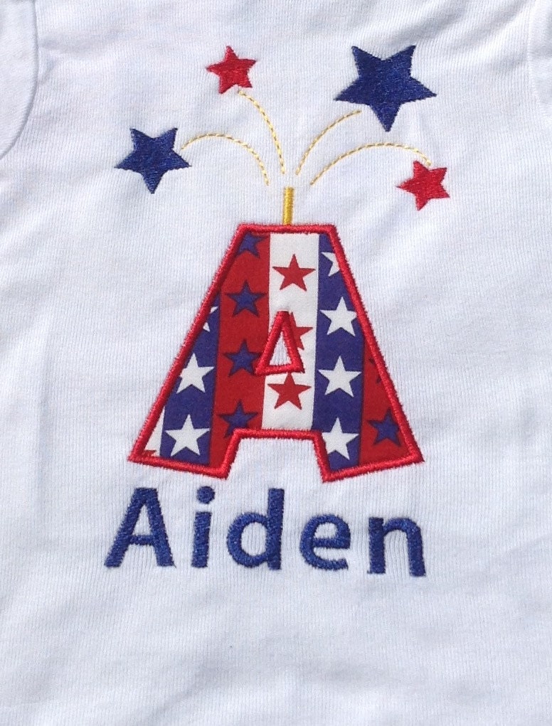 Firecracker Fireworks Initial or Birthday Number Applique T-Shirt or Onesie