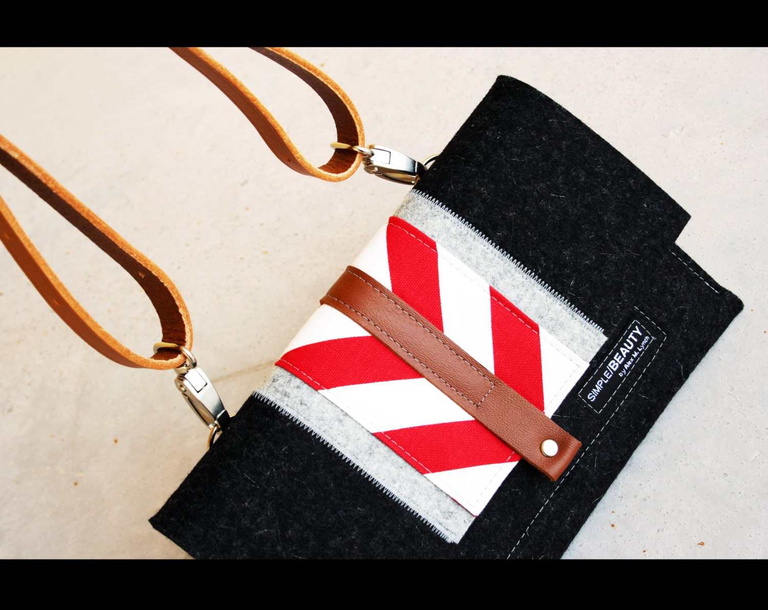 Ipad Mini travel case with genuine leather shoulder strap - 100% Merino Wool Felt 3mm thick - So Beautiful -