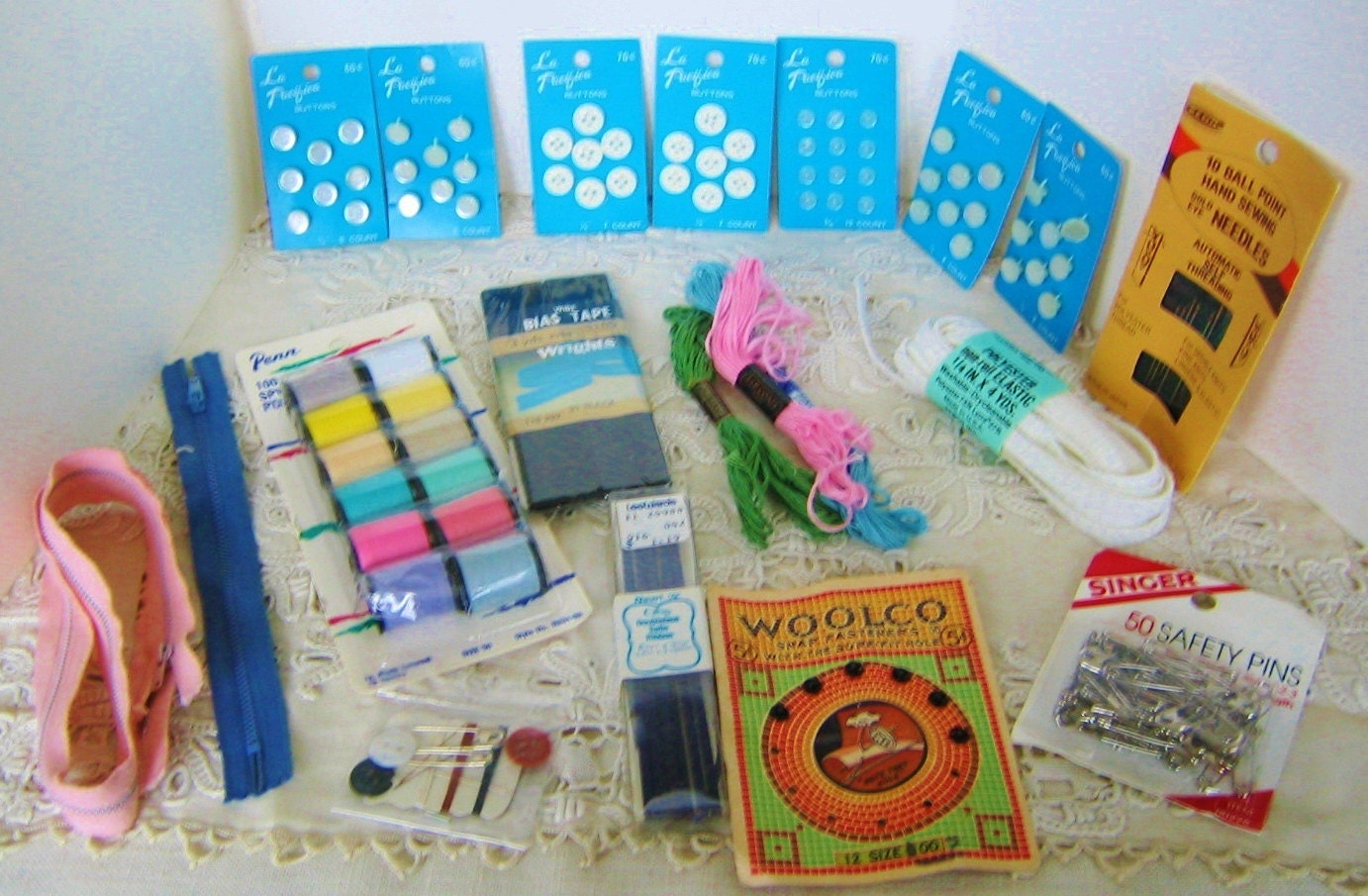 SEWING SUPPLIES LOT Miscellaneous Sewing Items: Buttons, Ribbon, Snaps, Thread, Zippers, Pins, Needles, Embroidery Thread, Bias Tape