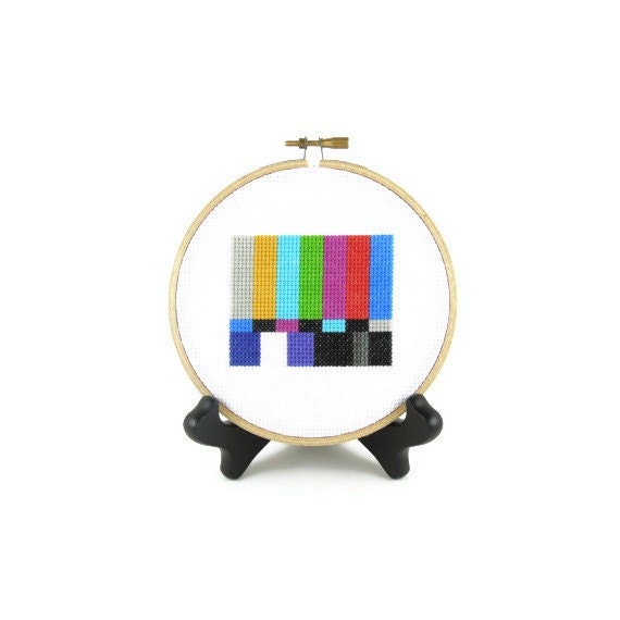 Television Test Pattern Screen Finished Cross Stitch Embroidery Hoop Art