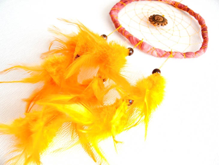 Dream Catcher - Sun - With Wooden Sun Amulet and Orange Feathers - Home Decor, Mobile