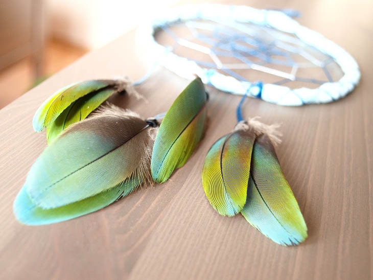 Dream Catcher - Magic Colours - With Exotic Green and Turquoise Parrot Feathers, Light Blue Frame and Blue Nett - Home Decor, Mobile