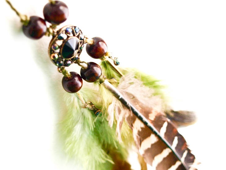 Dream Catcher Pendant - Unique Pendant with Green and Natural Turkey Feathers and Wooden Beads - Jewelry, Home Decor, Mobile