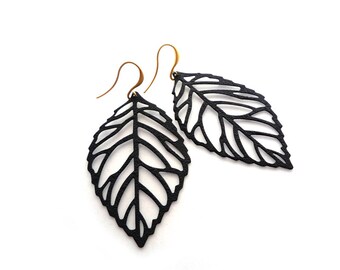 Black Textured Leaf Earrings With Beautiful Gold Earwires