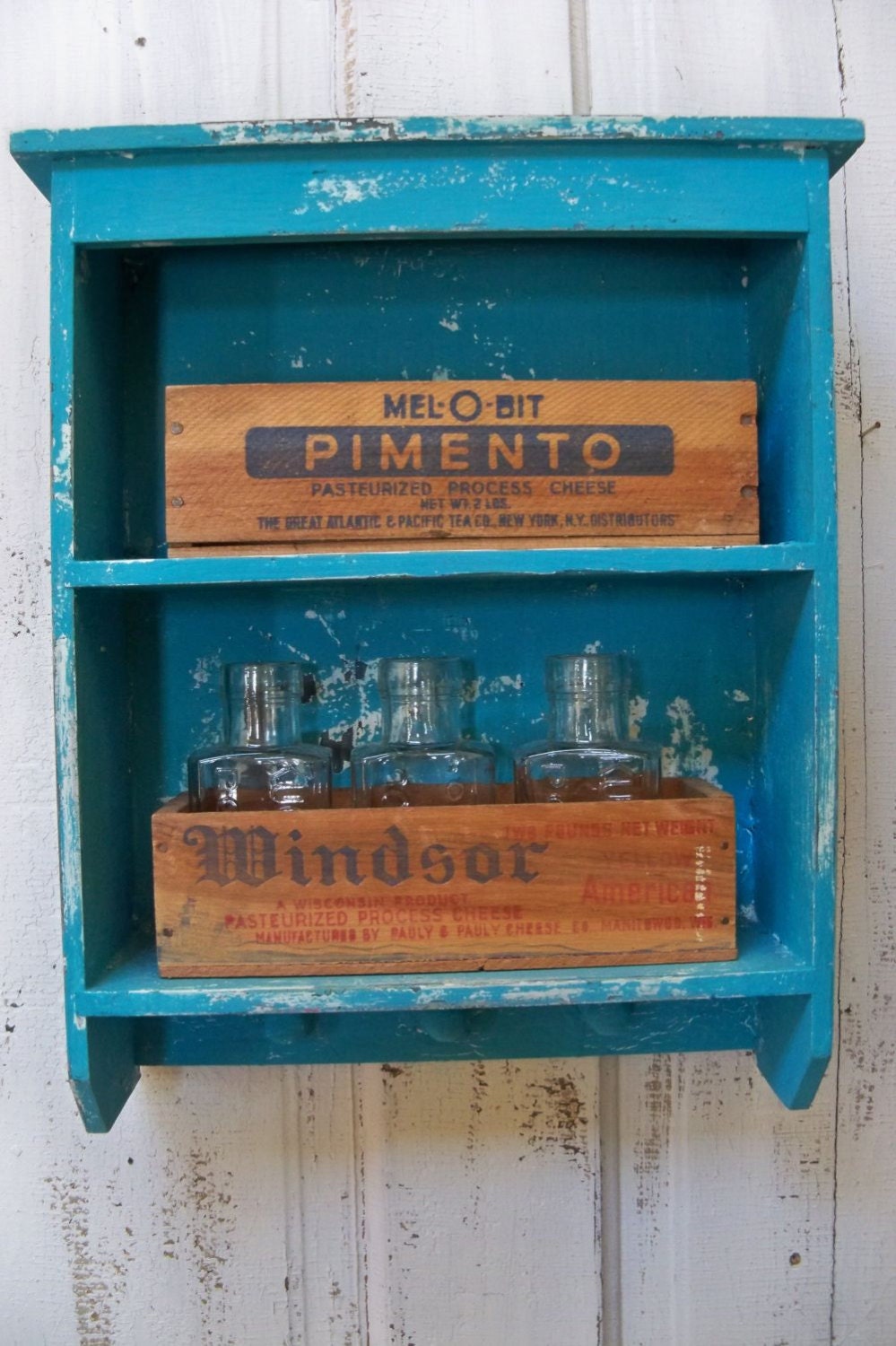 Wall shelf turquoise distressed wood home decor comes with bottles vintage cheese boxes storage organizer Anita Spero
