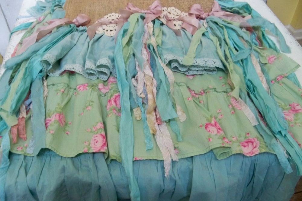 OOAK Table runner burlap lace ruffled hand made blue green aqua pink recycled fabrics home wedding decor anita spero