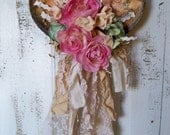 Shabby chic wall hanging heart decor distressed stained embellished with flowers tattered ribbon and paper distressed Anita Spero