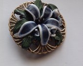 Navy Blue Flower Brooch Handmade Polymer Clay Vintage Flower Brooch OOAK Romantic Brooch