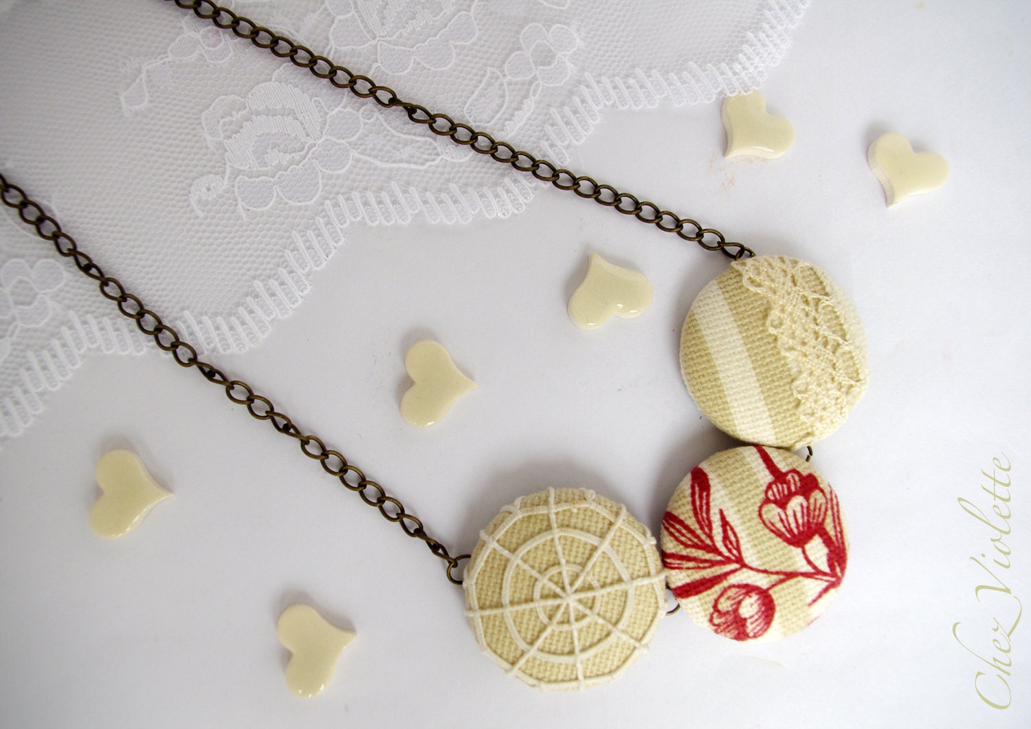 Button Necklace Rustic Farmhouse French toile Antic lace beige Fabric Covered
