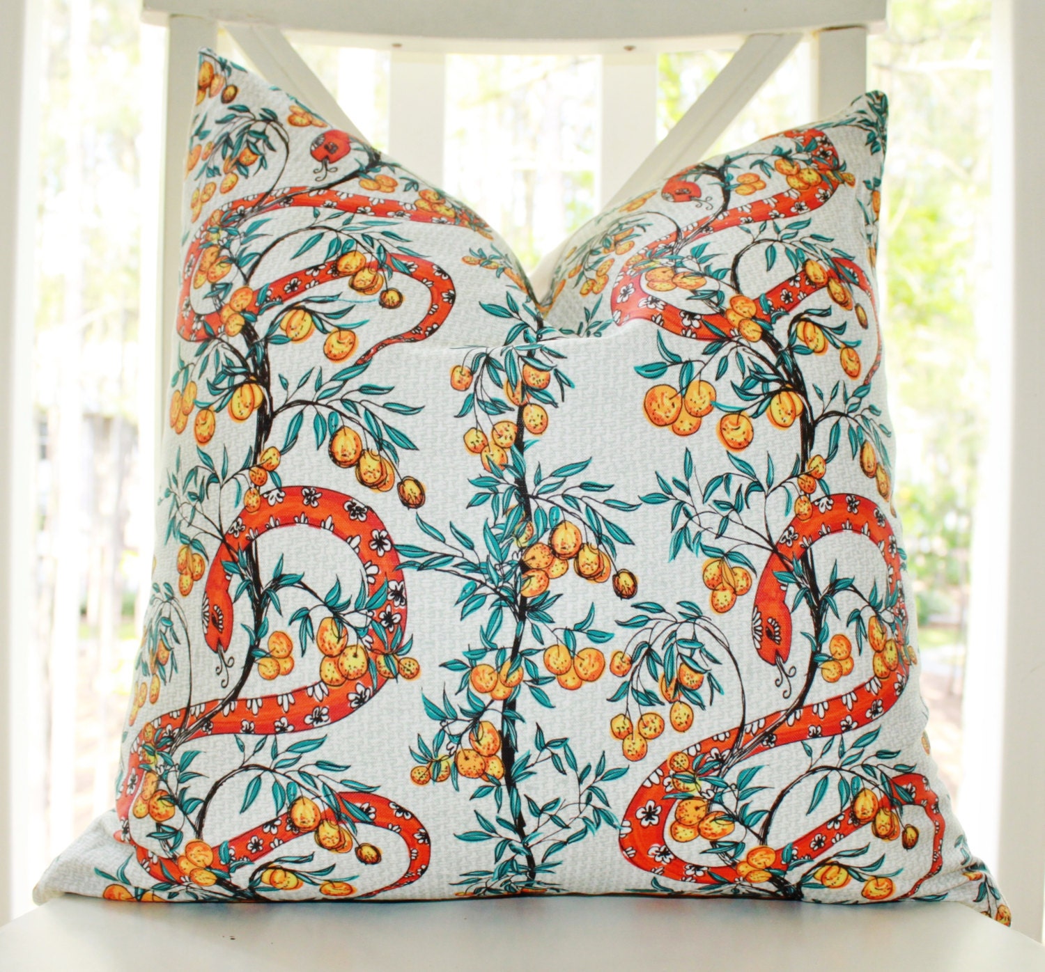Modern Orange Graphic Pillow - 16 x 16 Orange Snake Garden Modern Pillow Cover - Orange and Jade Green Throw Pillow