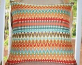 Turquoise Coral Zig Zag Chevron Pillow - Orange Coral Aqua Turquoise Geometric Greek Key Trellis Designer Cover - Designer Throw Pillow