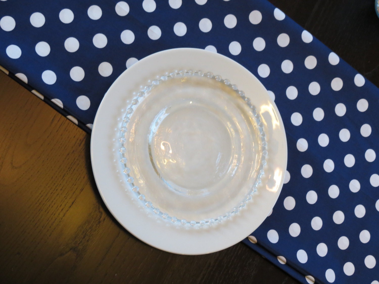 Polka Dot Table Runner in White on Navy