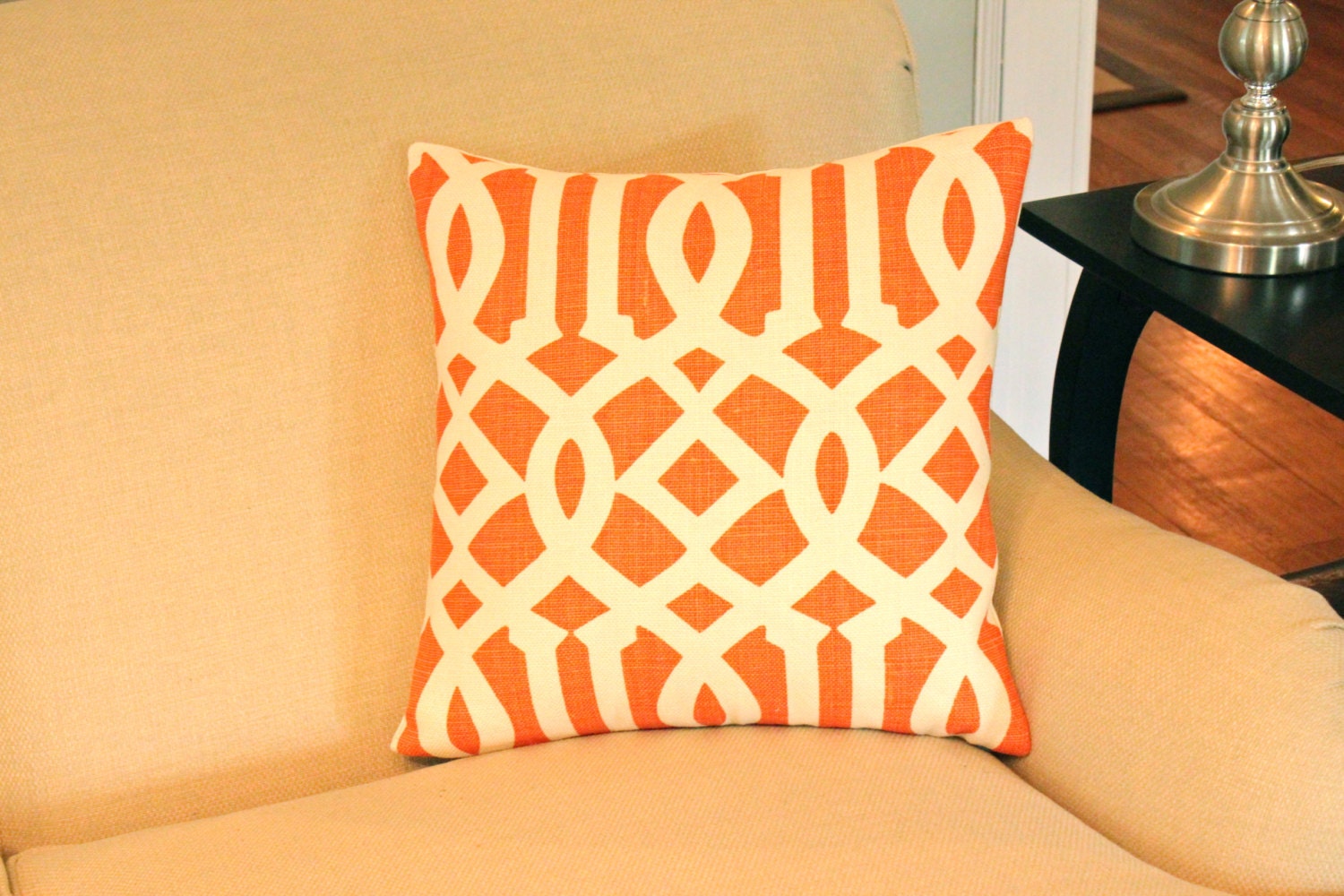 Designer Pillow Cover in Mandarin Orange Geometric Design on Both SIdes