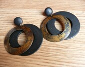 Vintage 80s 90s Boho Wood & Gold Antique Metal Round Dangle Hoop Earrings
