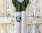 Perfectly Pleasant Patchwork Pocket Peasant Dress upcycled empire waist shabby chic maxi dress summer green cream