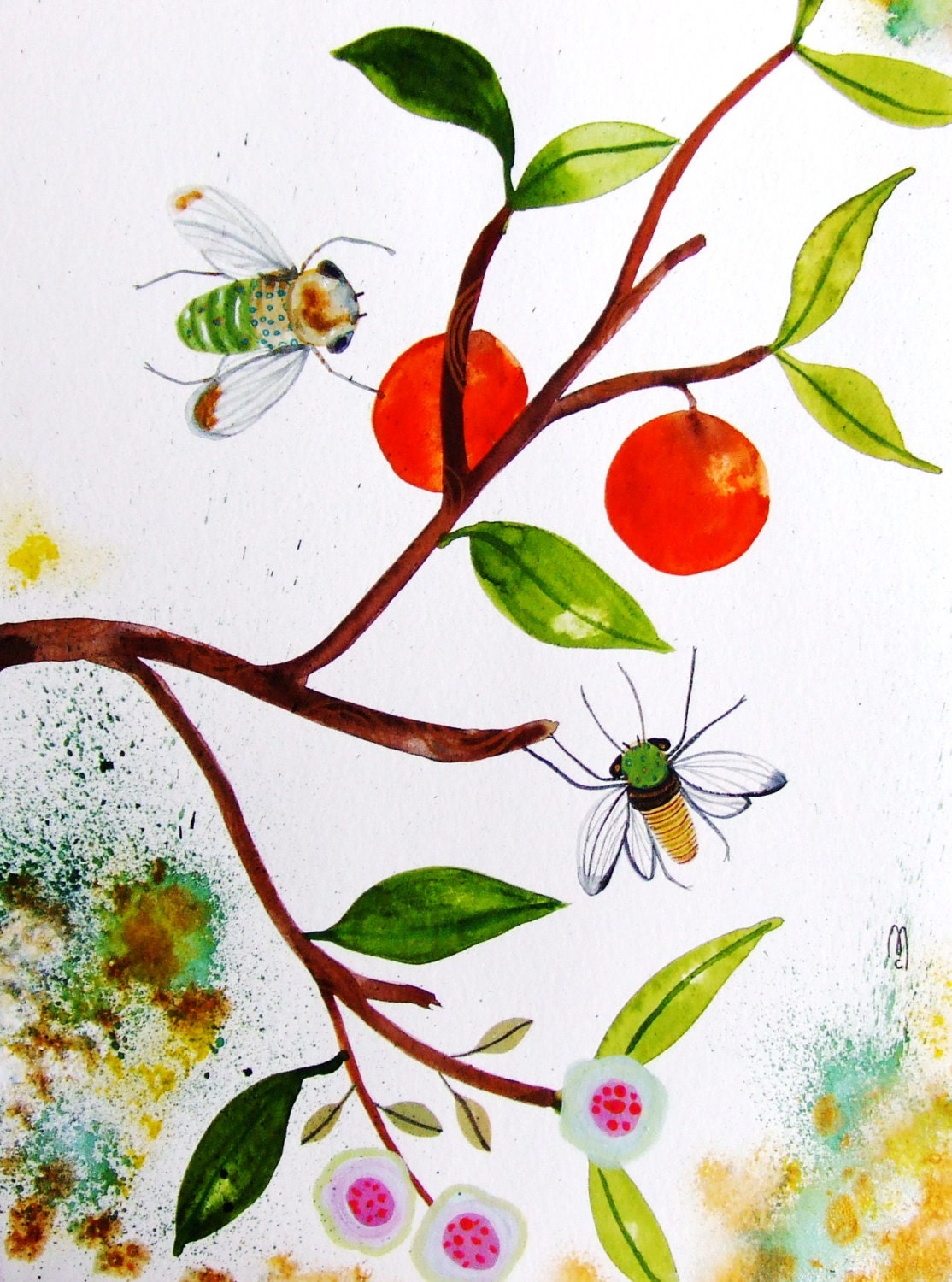 Still Life Original Watercolor Painting Ink Fruits Bees Nature Kitchen Decor Wall Art Animal Leaves Green Orange Contemporary Art