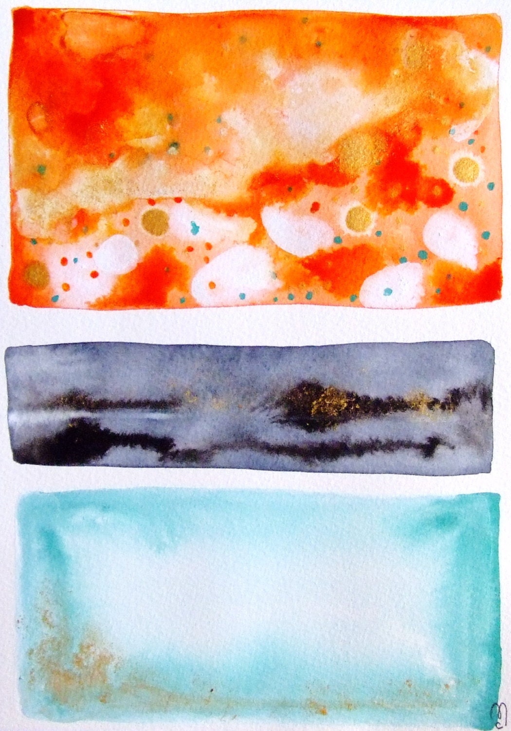 Landscape Abstract Art Original Painting Watercolor Ink Contemporary Art Drawing Orange Grey Blue Decor Nature Water Sky Abstract Landscape