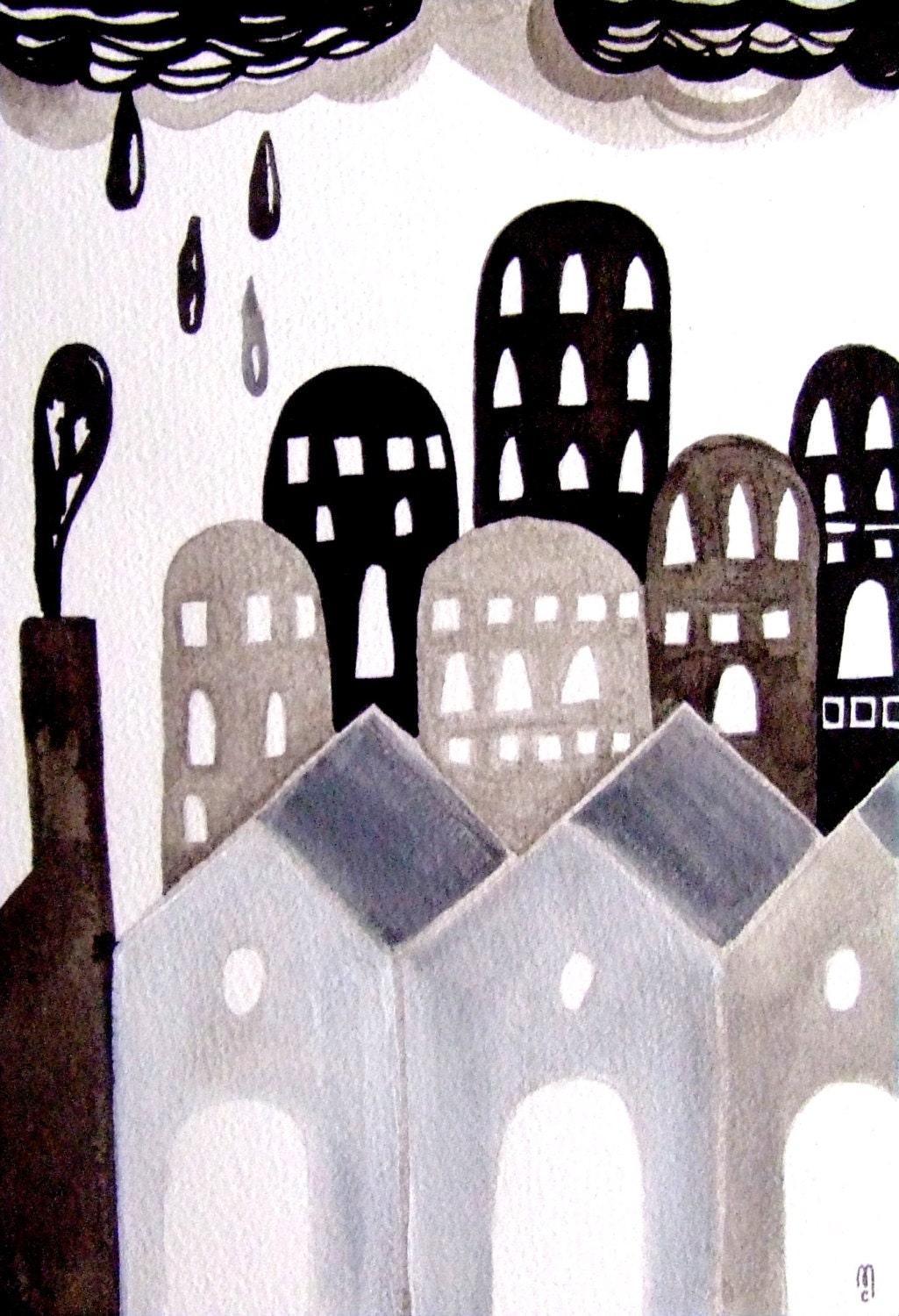 Town Houses Factory Clouds Drops Original Drawing Ink Art Black Grey White Landscape Contemporary Art Home Decor