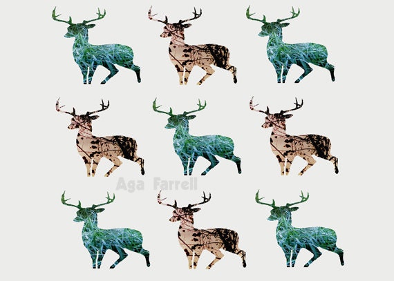 Deer Photography, Nine Deers Print, Woodland Deer, Rustic, tan brown, emerald green, beige, grey, Animal Decor, 8x12
