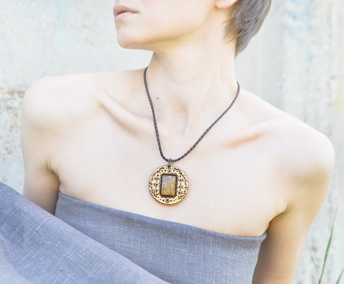 Jasper Medallion Wooden Necklace - Pyrography and Gem Pendant - Brown Wood Jewelry