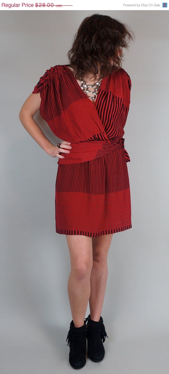 SPRING SALE Red and Black Stripped Print Mini Dress Size Medium