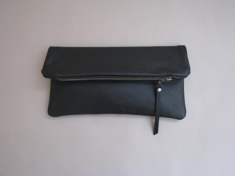 matte black leather clutch, fold-over clutch, minimal, modern