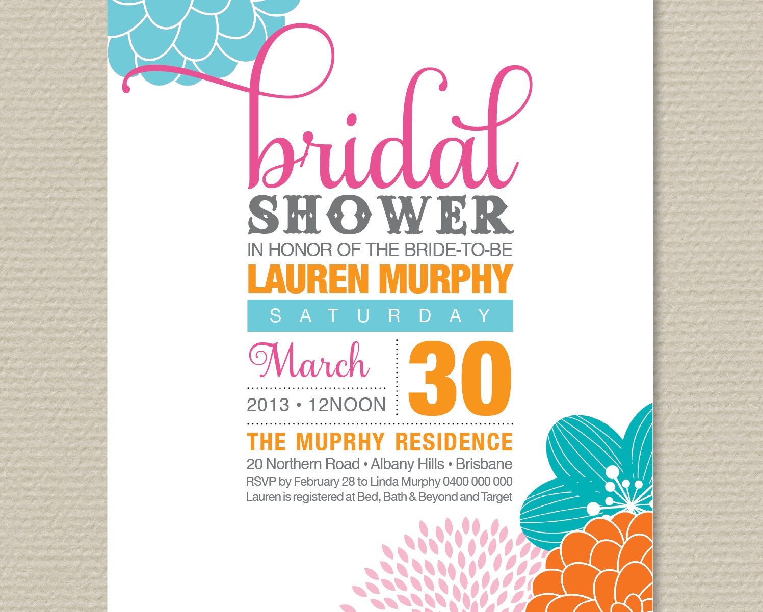 Printable Bridal Shower Invitation - Modern flower design featuring hot pink, teal and orange (BR08)