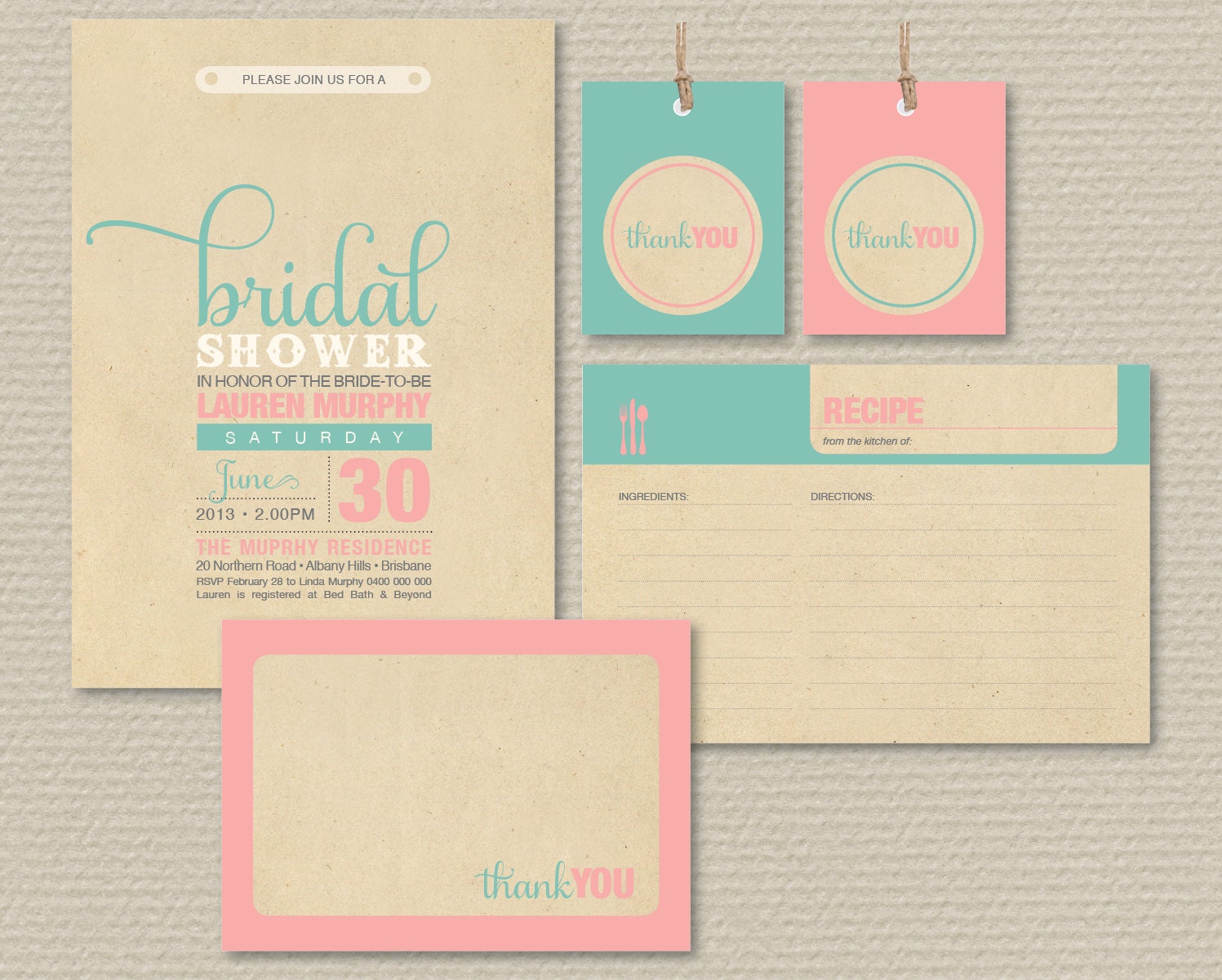 Printable Bridal Shower Invitation Party Pack - Vintage pink and aqua poster design