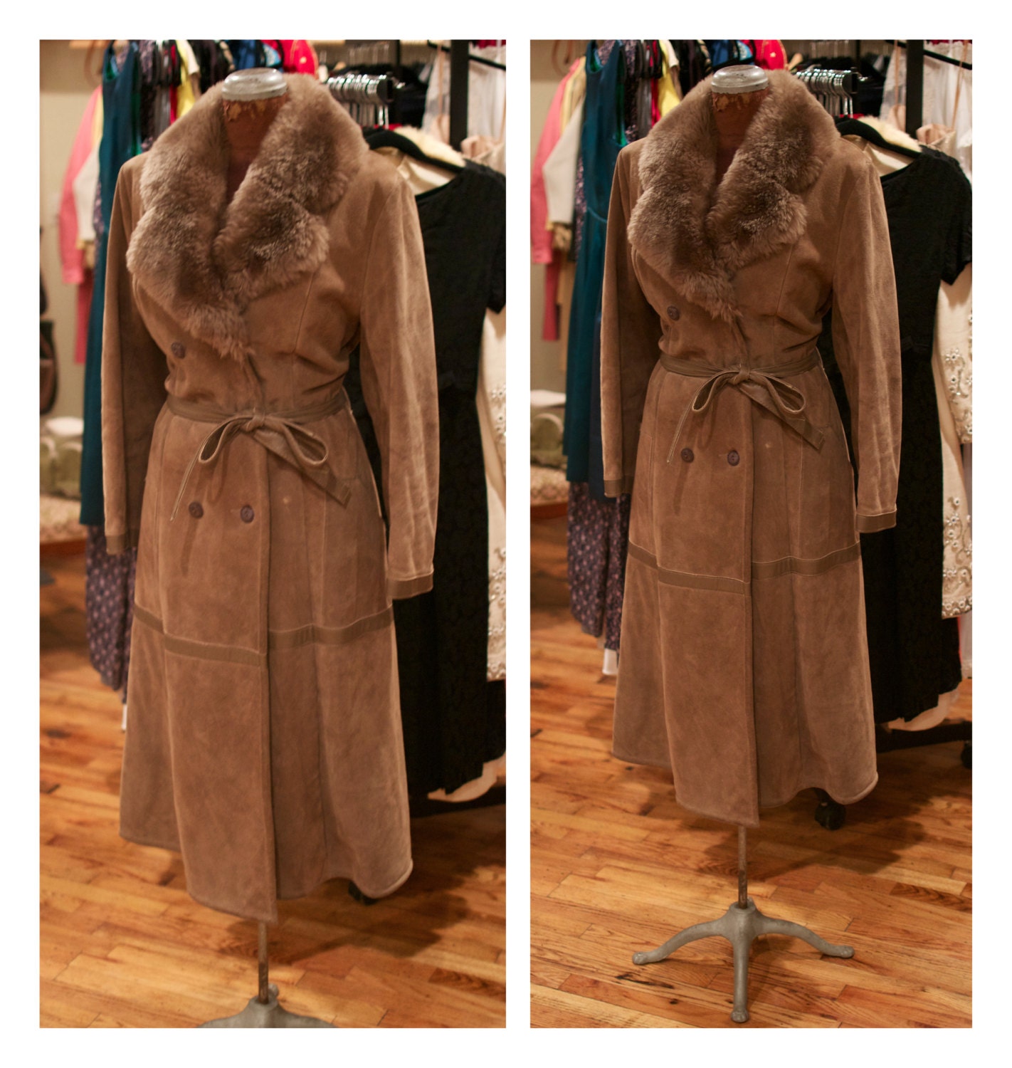1970s Brown Leather and Suede Coat with Faux Fur Sheepskin Lining and Collar Double Breasted Trench Coat