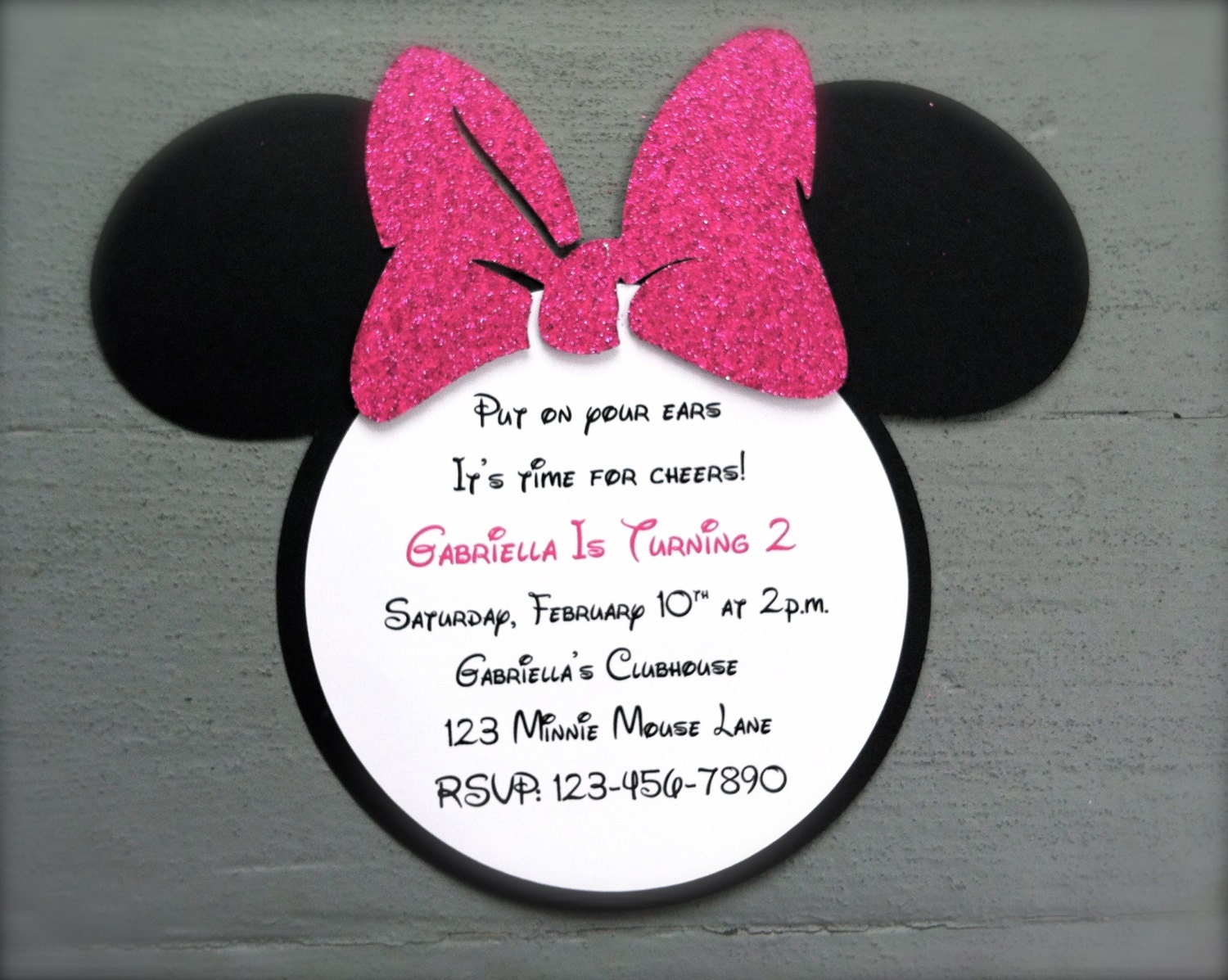 10 Handmade Minnie Mouse Invitations with Number on back - Hot Pink Glitter Bow