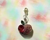 HUGE SALE- Sterling Silver Pink Crystal Apple, Add On Key Chain Charm, for Keys, Purse, or Necklace accesory
