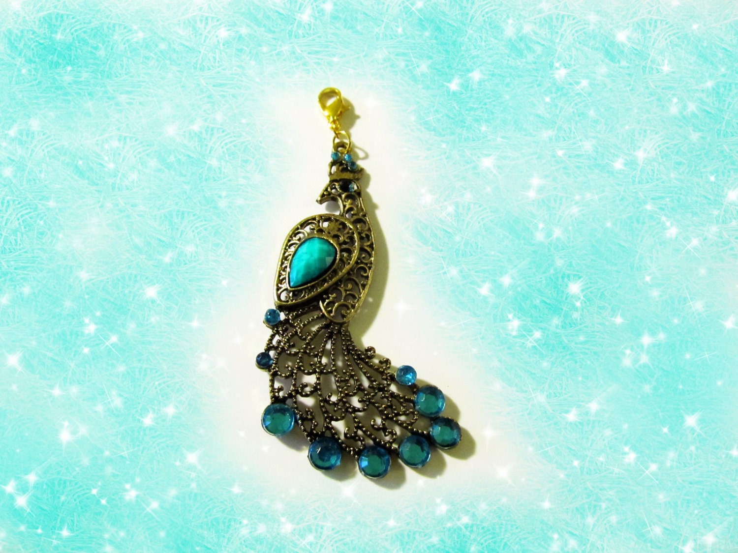 Exotic Turquoise Antique Bronze Peacock Add On Key Chain Charm, for Keys, Purse, or Necklace accesory