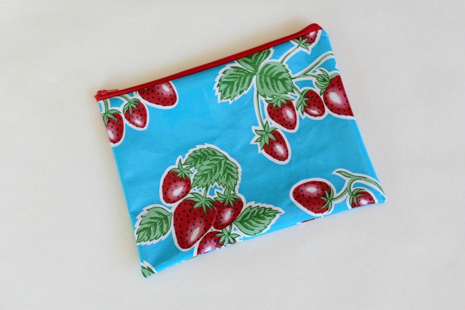 Wet Bag - Blue Strawberry Oilcloth Pouch