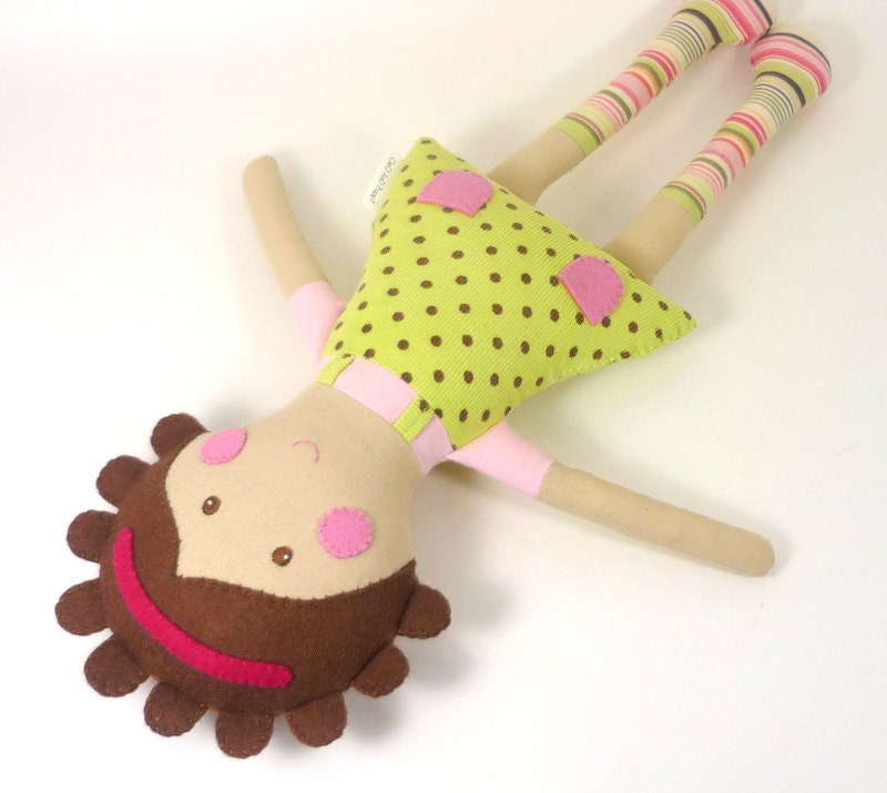 Cloth Rag Doll, Handmade Fabric Doll, Eco Friendly Soft Toy, Short Curly Hiair,  Corduroy Dress , Green and Brown Polka Dot