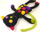 toy cat , stuffed plush animal , black toy cat , eco friendly toy , Poppy for kids , purple magenta yellow and spring green