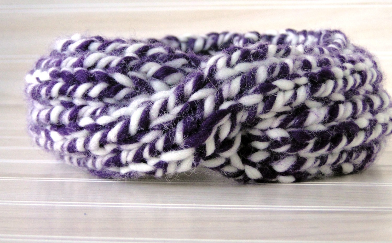 Knit headband, purple and white knit turban headband,  chunky knit headband,