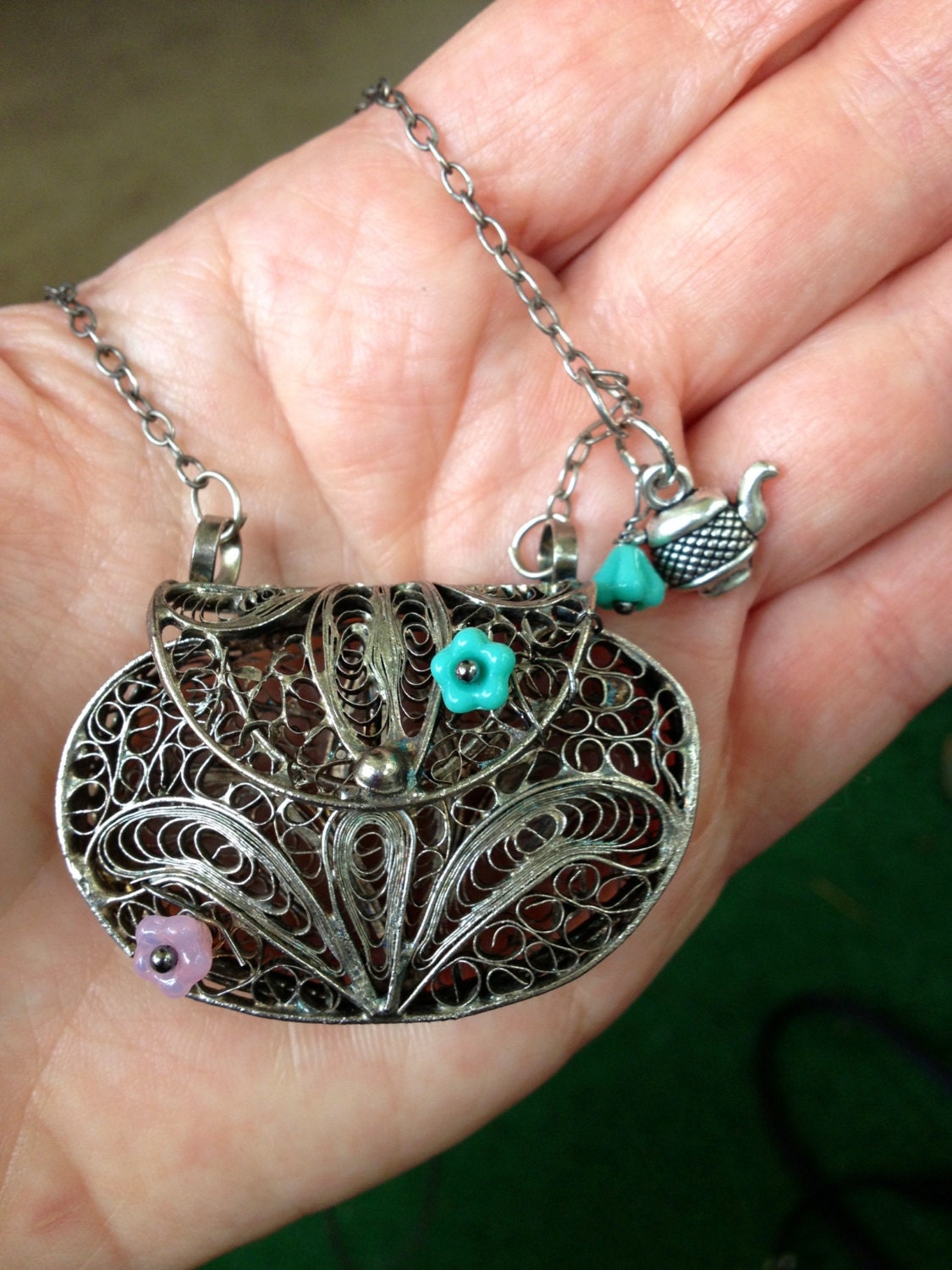 Purse necklace, Antiqued Silver Filigree , Czech Glass Bell Flowers 